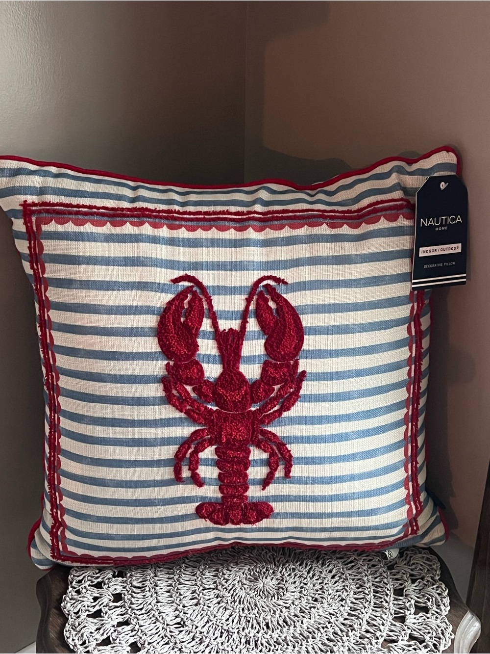 Nautica Lobster Embroidered Stripe Throw Pillow Red & Light Blue summer coastal